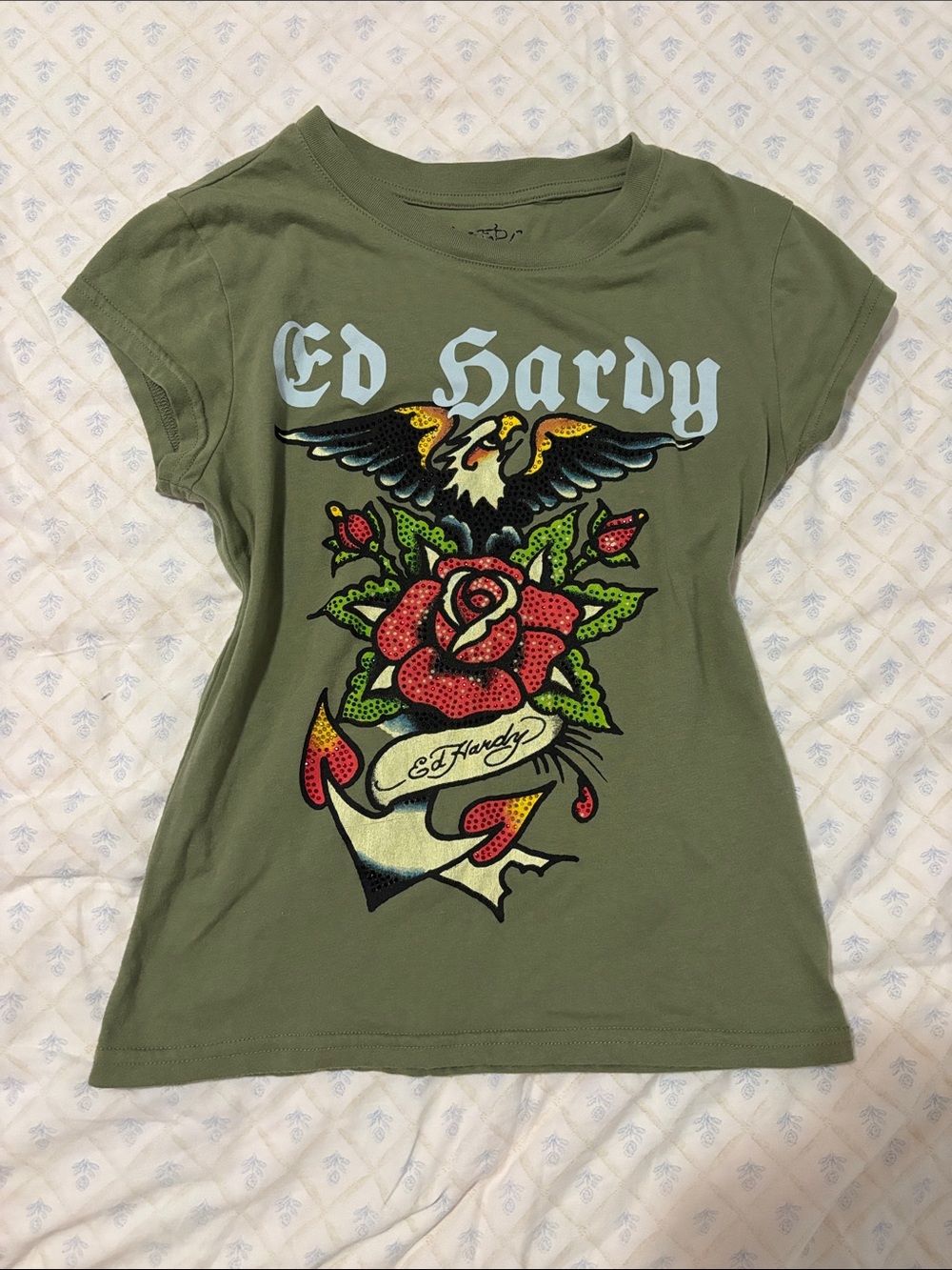 Ed Hardy Vintage Y2K Olive Green Eagle Rose Anchor Graphic Tee